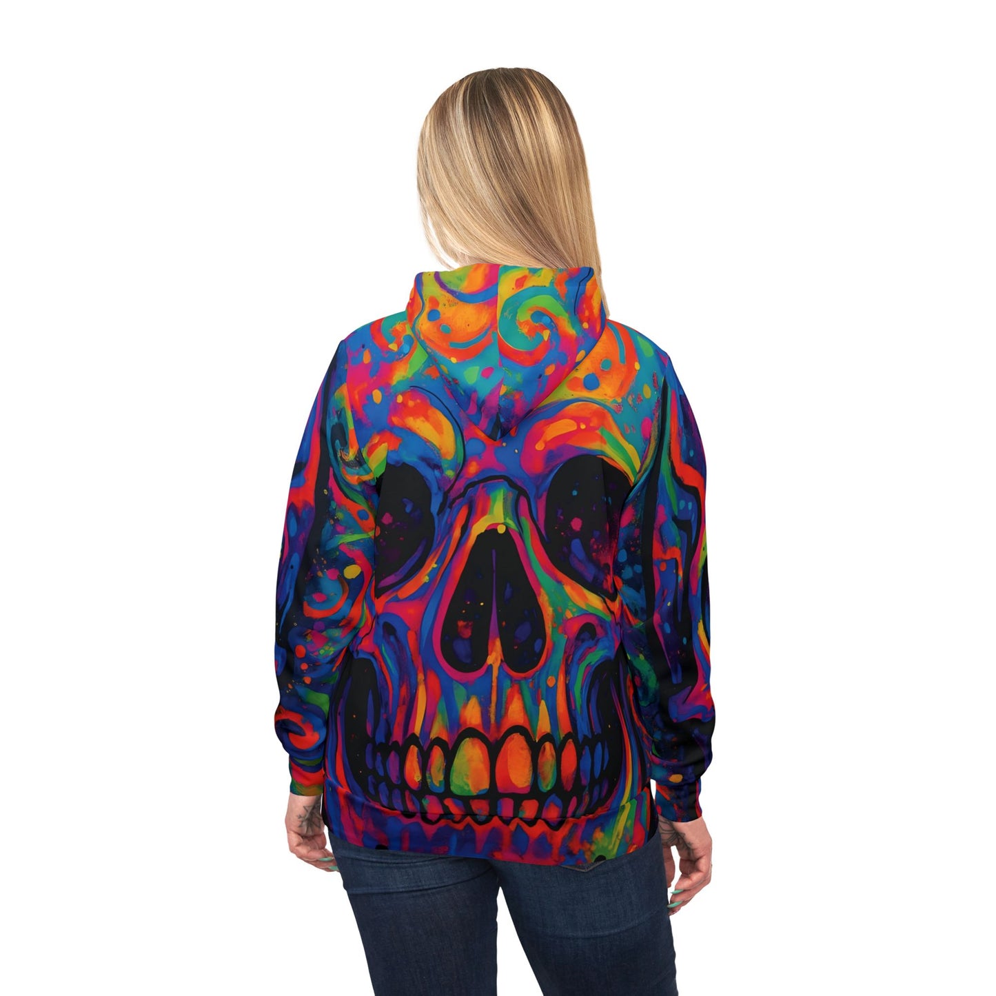Colorful skull hoodie showcasing vibrant psychedelic design for streetwear and festivals