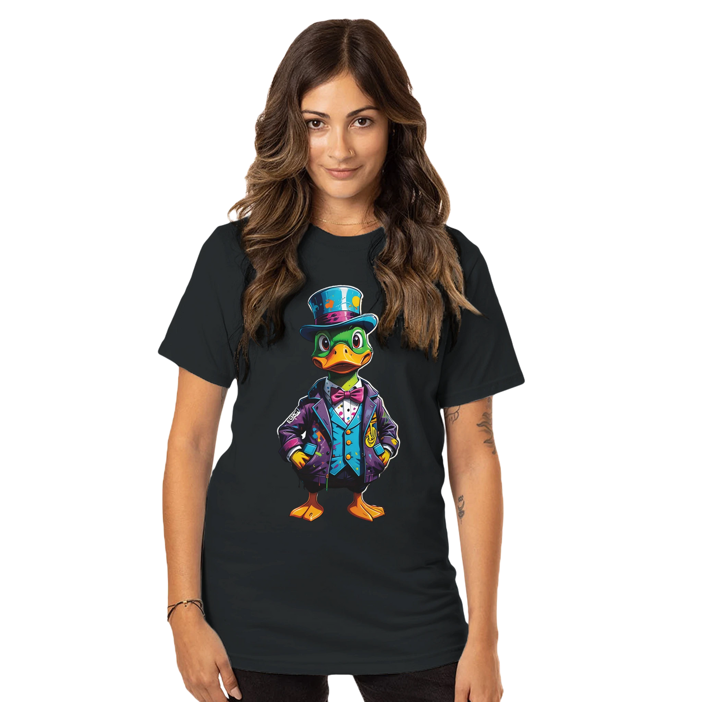 Black unisex T-shirt with a duck graphic from PixiOnyx Urban Apparel