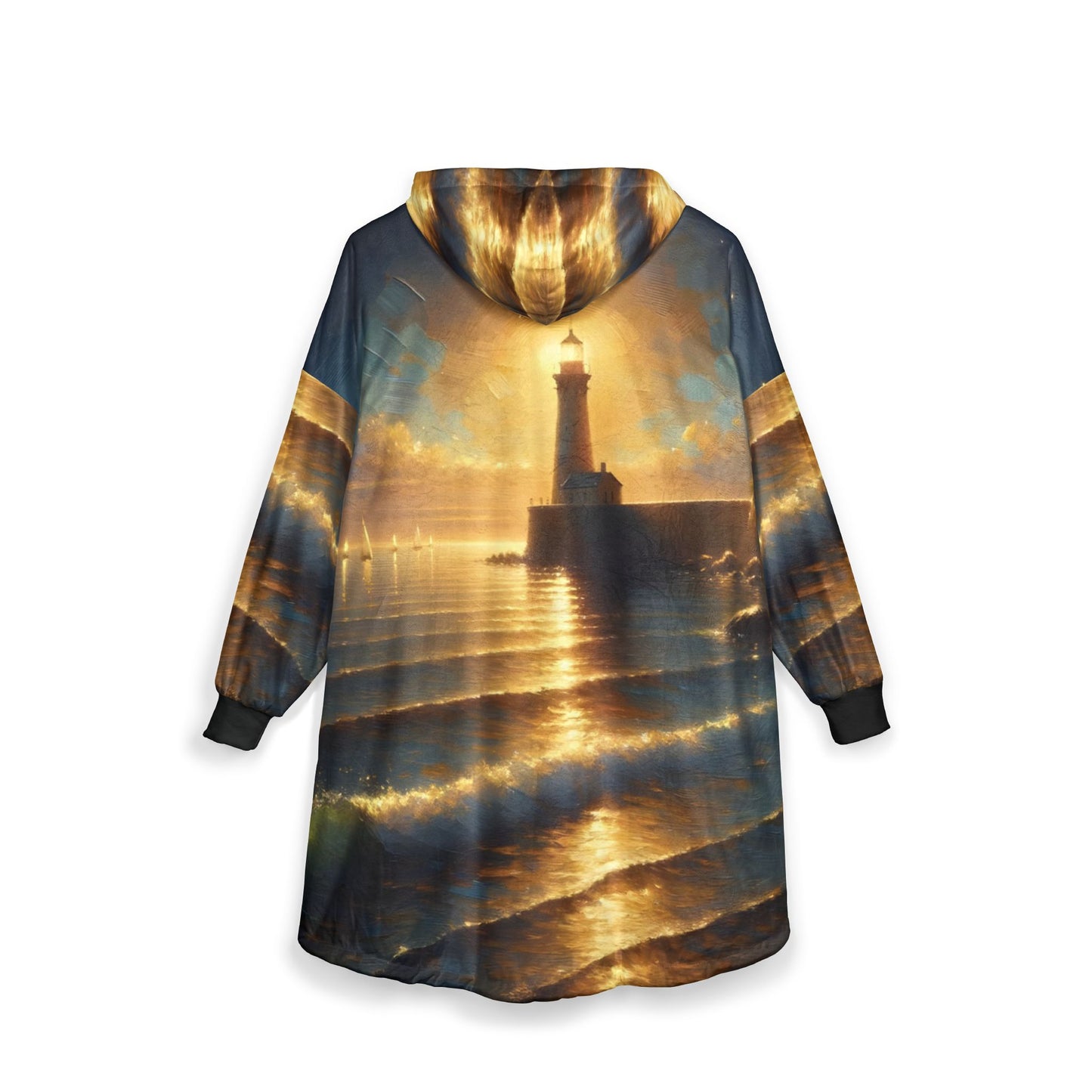 Hooded Blanket – Beacon of the Quiet Tide | Coastal Lighthouse Art Fleece by PixiOnyx - All Over Prints