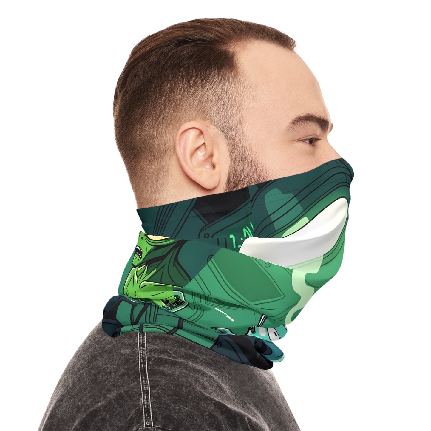 Green patterned face covering from Probe Protocol Lightweight Neck Gaiter Alien Abduction Edition