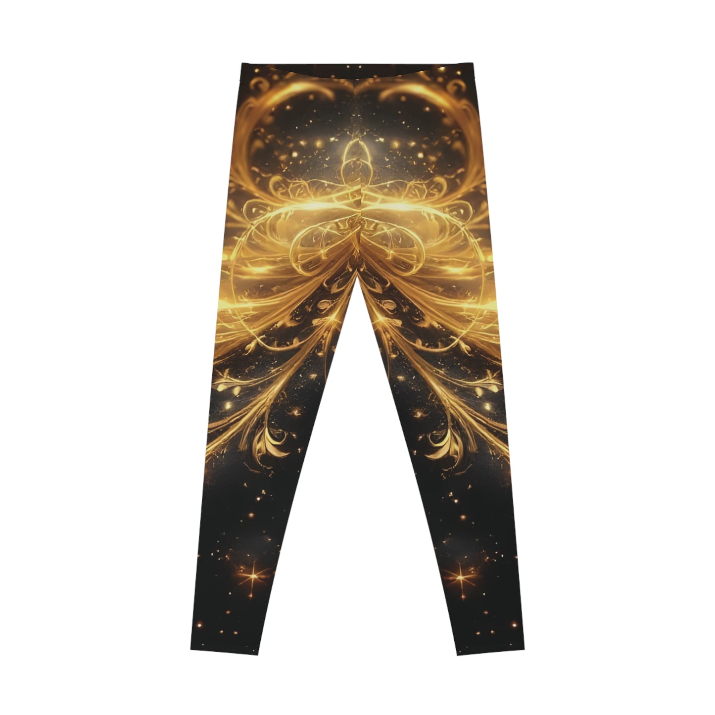 Golden patterned leggings from PixiOnyx Ornate Activewear featuring luxe baroque swirl design