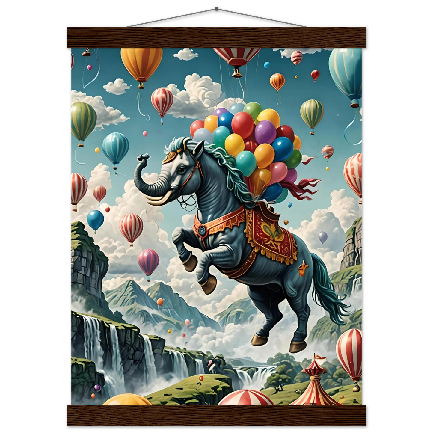 Whimsical elephant-horse hybrid with colorful balloons on Skybound Majesty poster