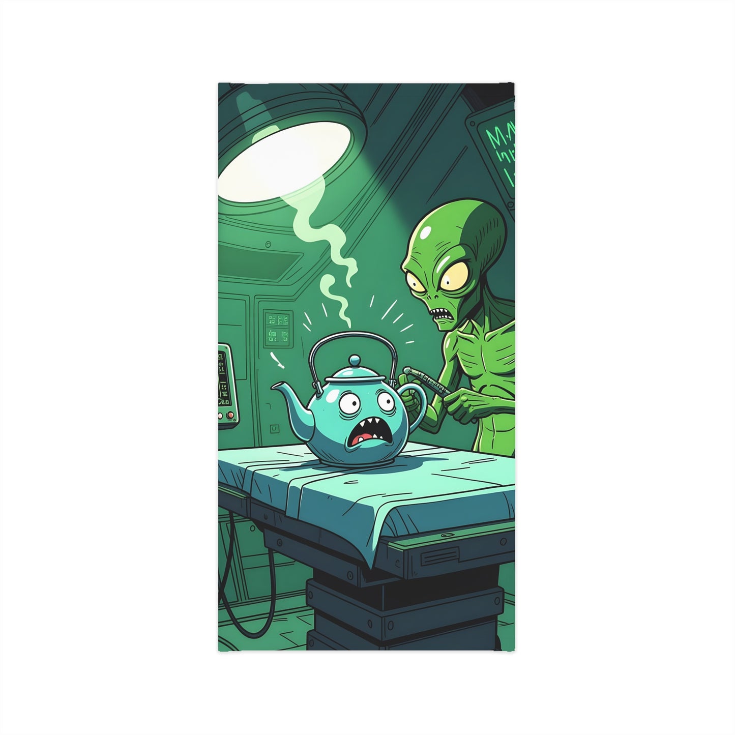 Cartoon alien examining a scared teapot on PixelOnyx Alien Abduction Gaiter product image