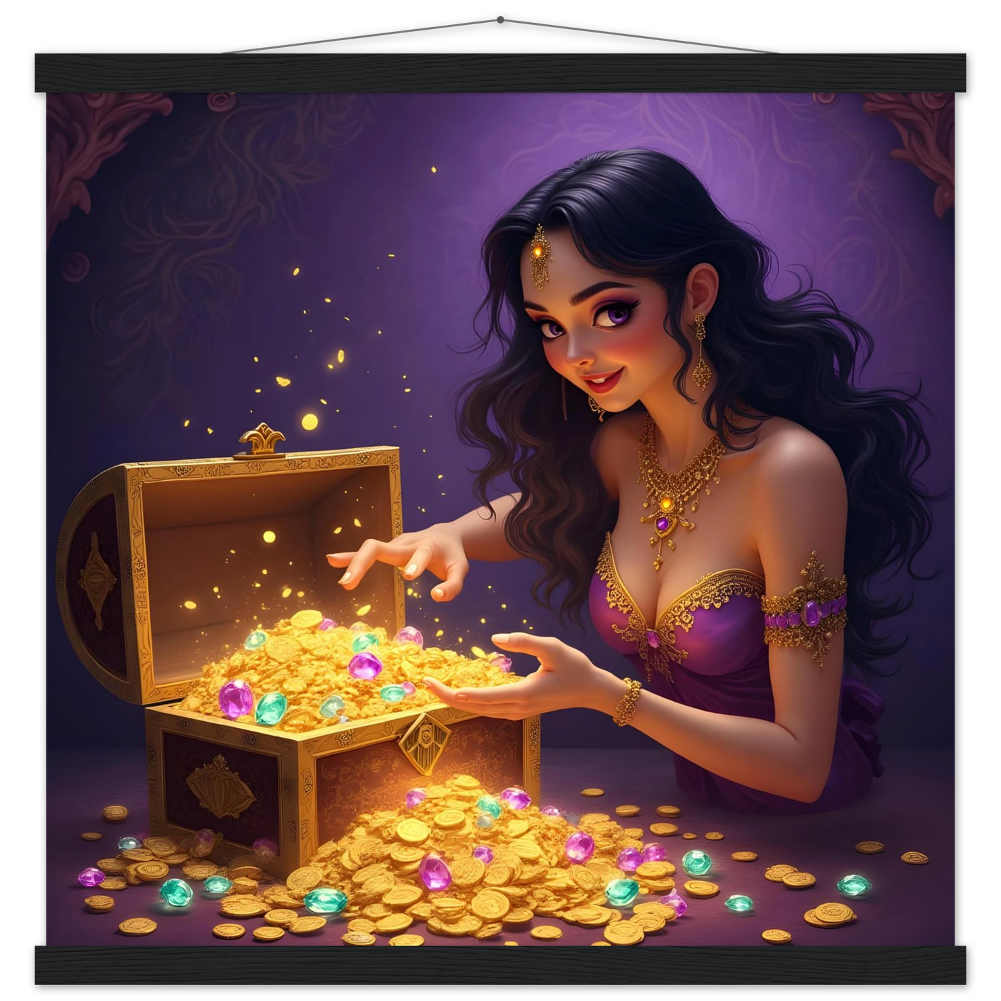 Treasure Seeker Matte Poster with Hanger featuring overflowing treasure chest of gold coins and jewels