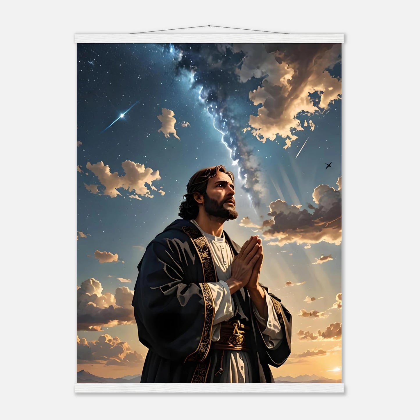 Hanging religious tapestry for spiritual decor displayed on Poster with Hanger Prayer to the Cosmos PixiOnyx