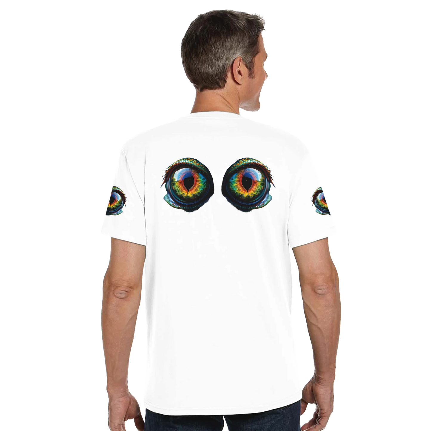 White organic unisex crewneck T-shirt with eye design from PixiOnyx Hypnotic Gaze