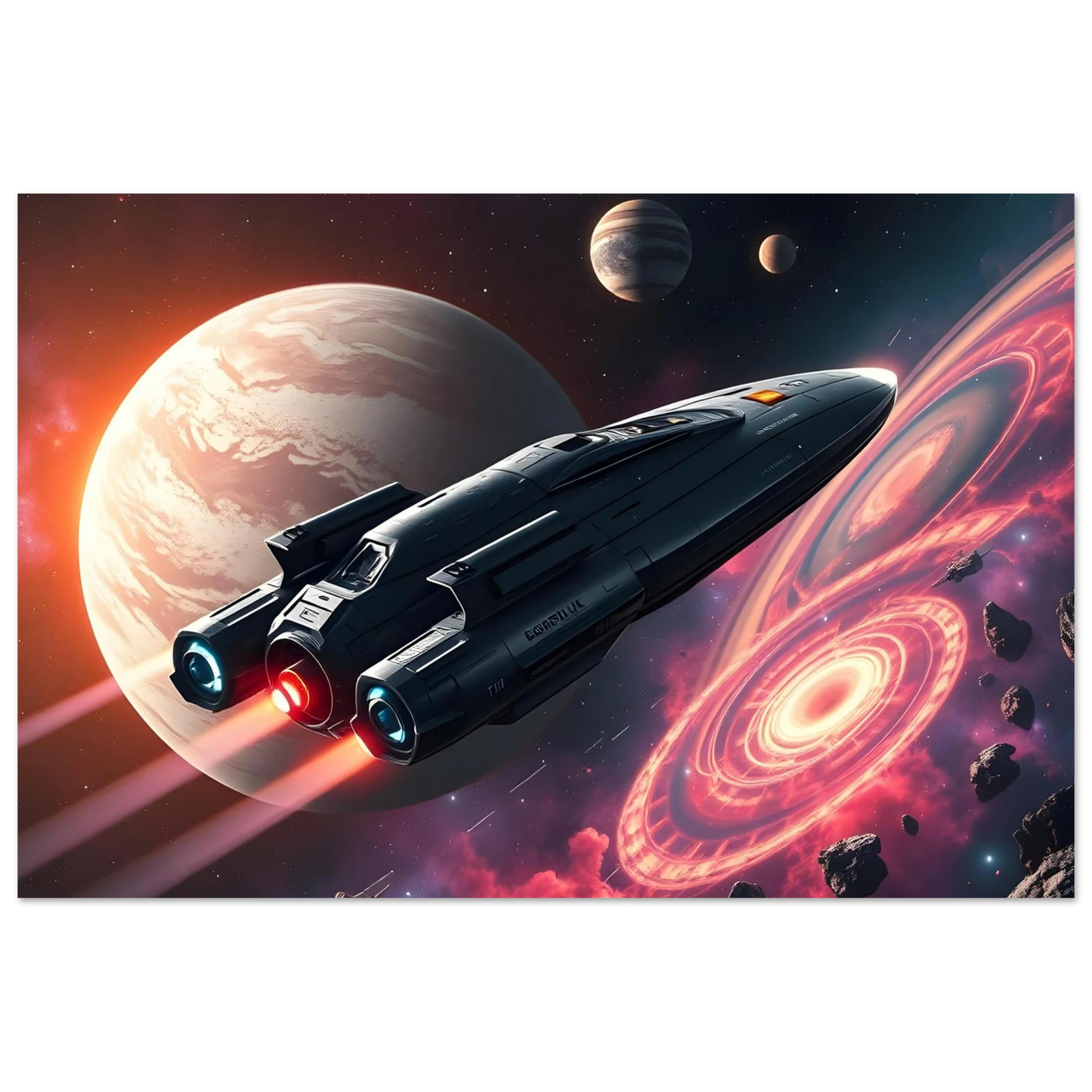 Sleek spaceship with glowing engines from Starship Voyager Fine Art Poster by PixiOnyx