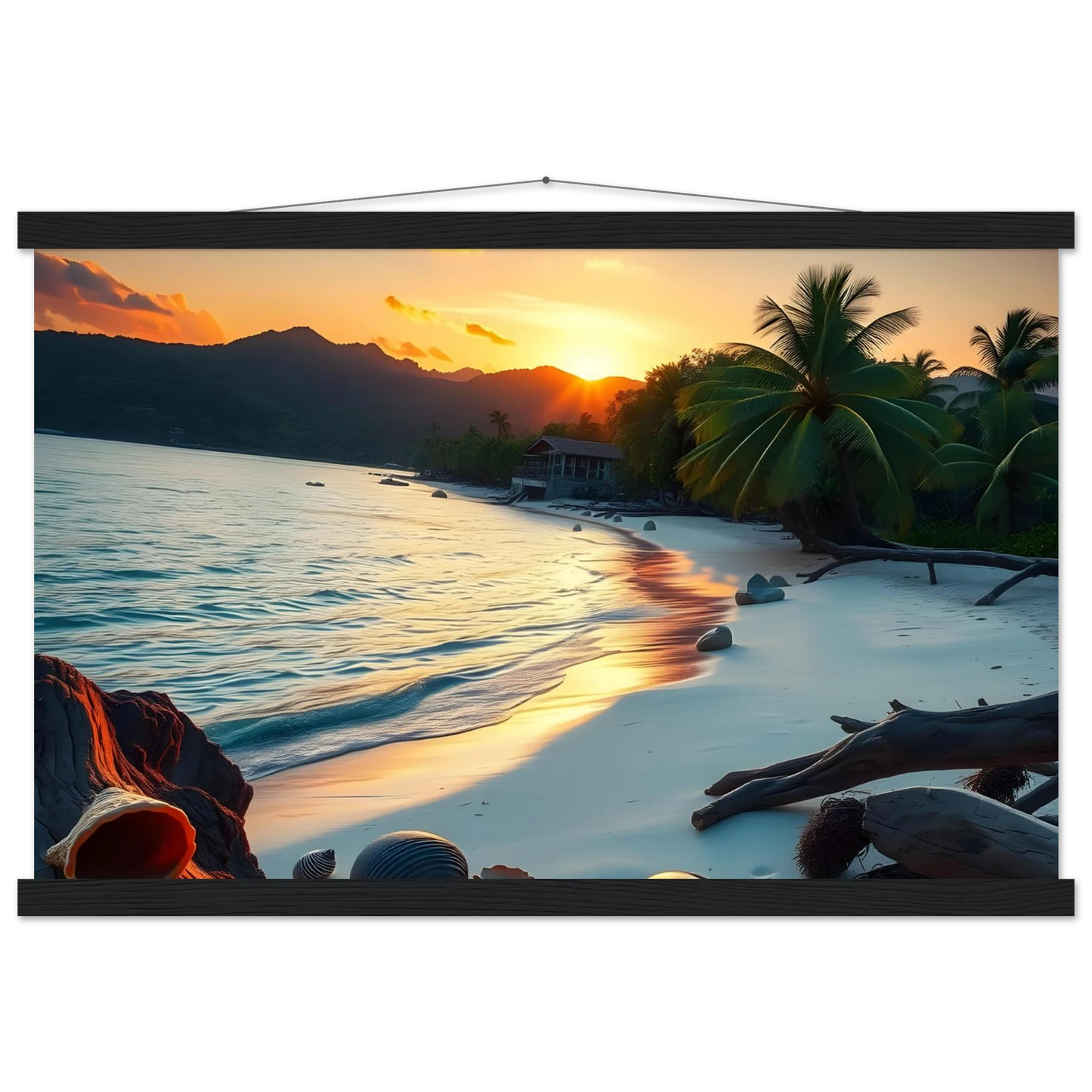 Tropical beach sunset projected on a projector screen for PixiOnyx wall decor