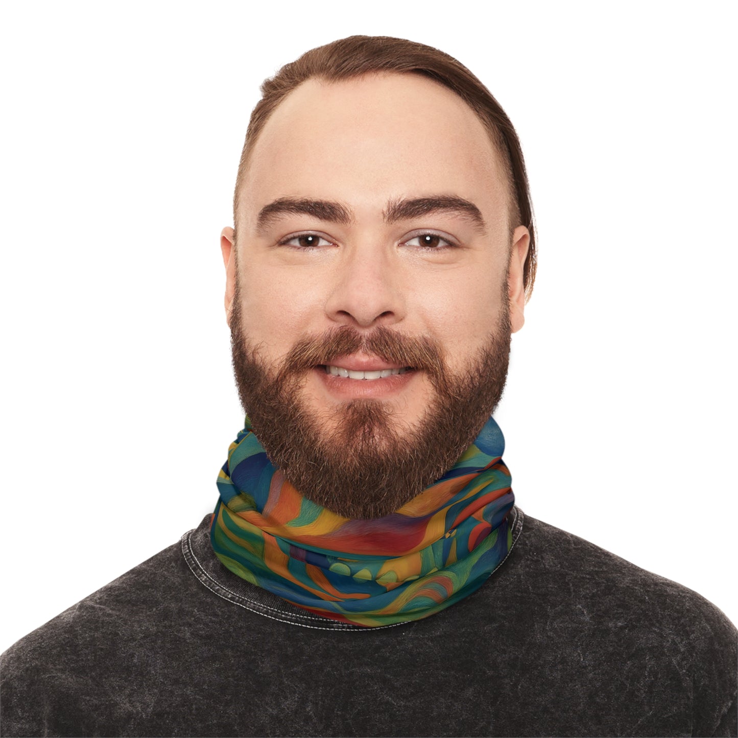 Colorful neck gaiter featuring psychedelic skull design from PixiOnyx Craniocolor collection