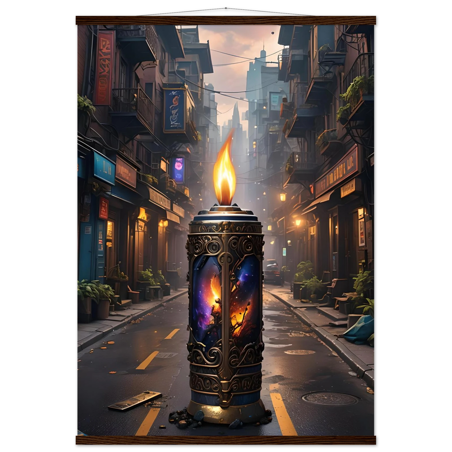Ornate candle with cosmic imagery from Galactic Flame Hanging Matte Poster PixiOnyx Exclusive