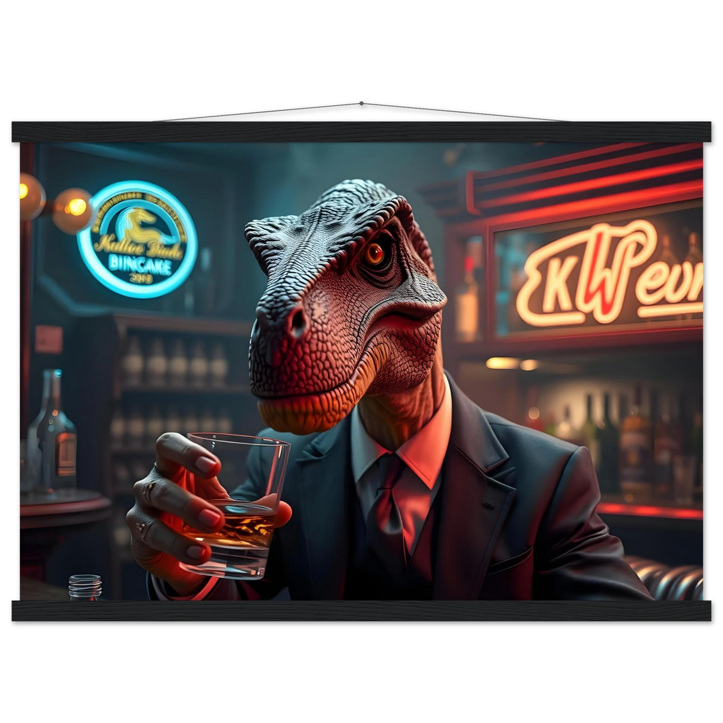 Dinosaur in suit holding whiskey on PixiOnyx hanging poster titled Whiskey Raptor After Hours Instincts