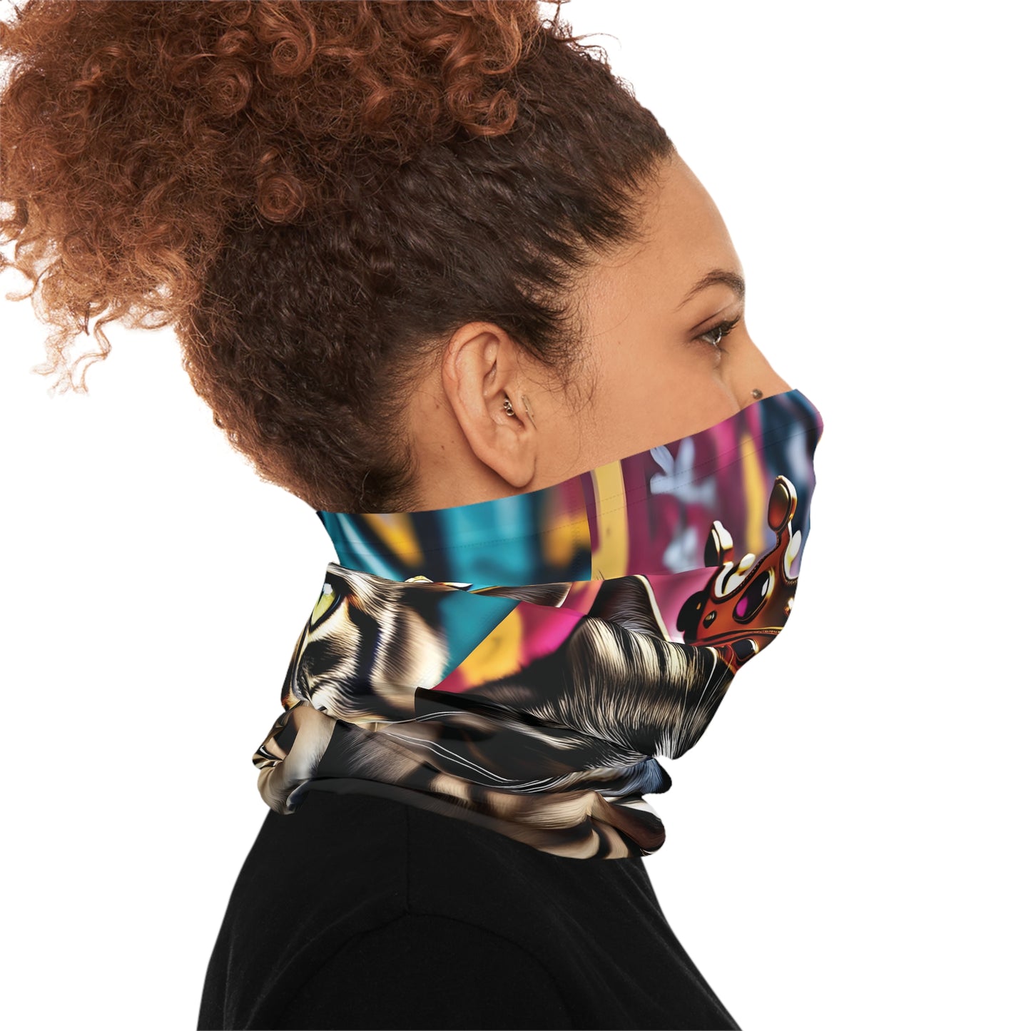 Colorful patterned face covering on Neck Gaiter Crown Meowjesty PixiOnyx Urban Regal Wrap
