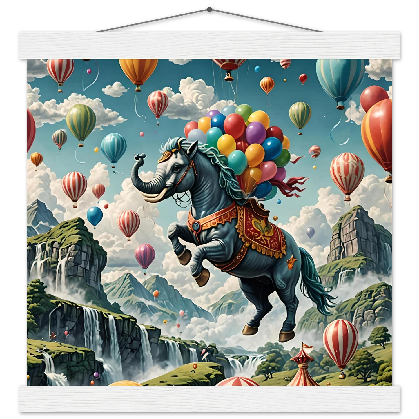 Fantasy horse-elephant hybrid with colorful balloons on Skybound Majesty poster by PixiOnyx