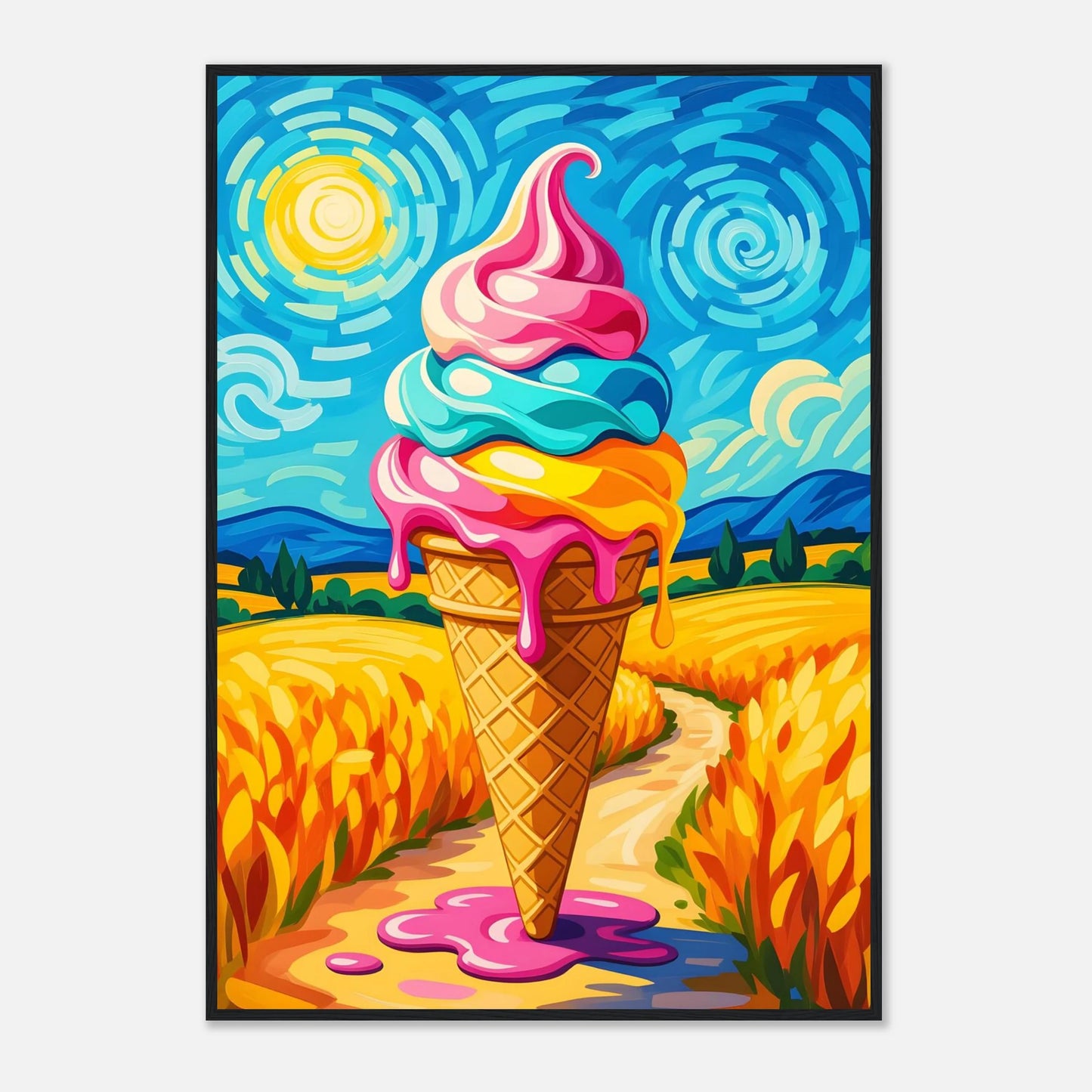 Colorful ice cream cone on a vibrant poster titled Sunlit Swirl of Pastoral Chaos by PixiOnyx