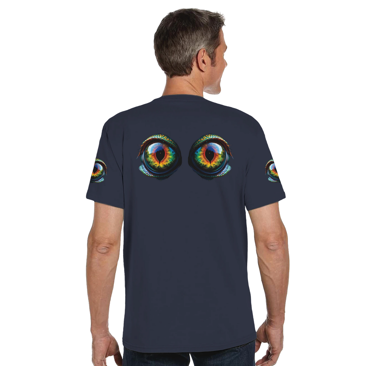 Organic navy unisex crewneck T-shirt featuring a hypnotic eye design from PixiOnyx