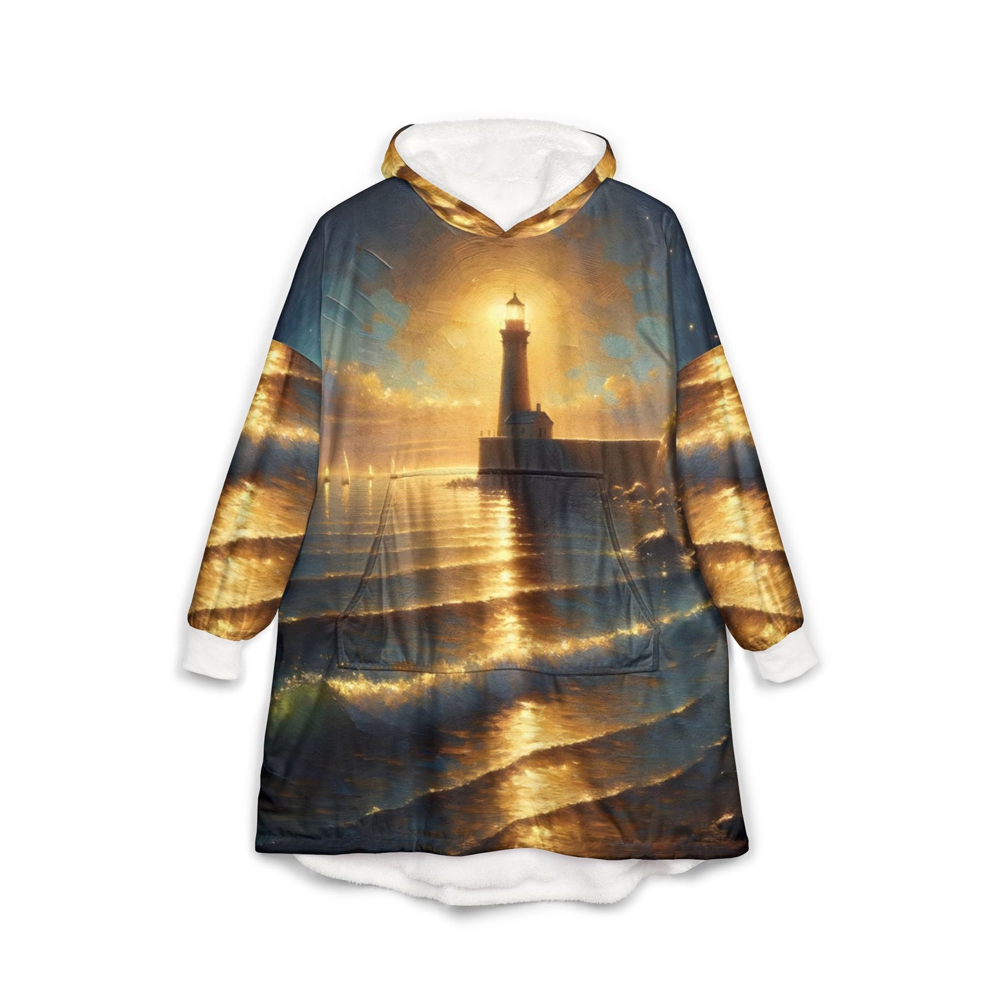 Hooded Blanket – Beacon of the Quiet Tide | Coastal Lighthouse Art Fleece by PixiOnyx - One size / White - All Over