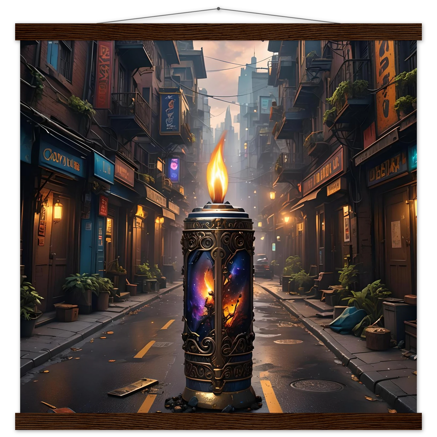 Ornate candle with cosmic imagery featured in Galactic Flame Hanging Matte Poster PixiOnyx Exclusive