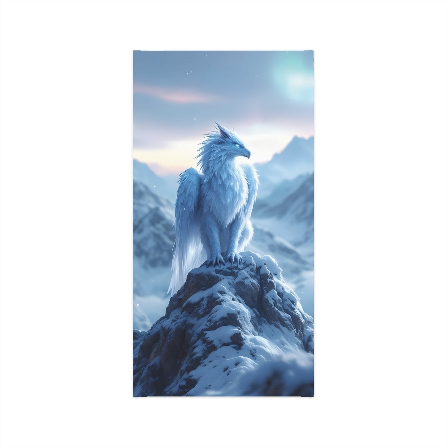 Majestic white griffin perched on snowy peak in PixiOnyx Summitborn Fantasy Series Neck Gaiter