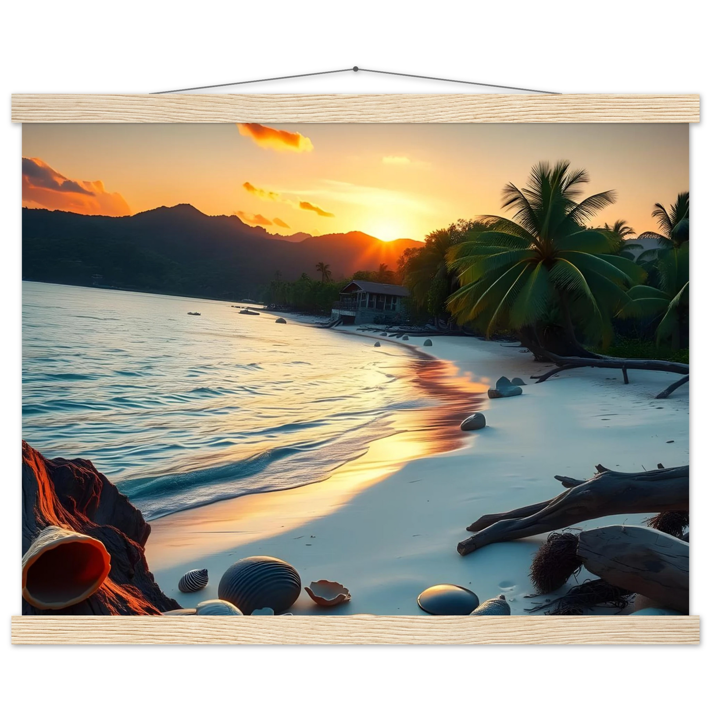 Framed tropical beach sunset scene poster with hanger for stylish wall decor