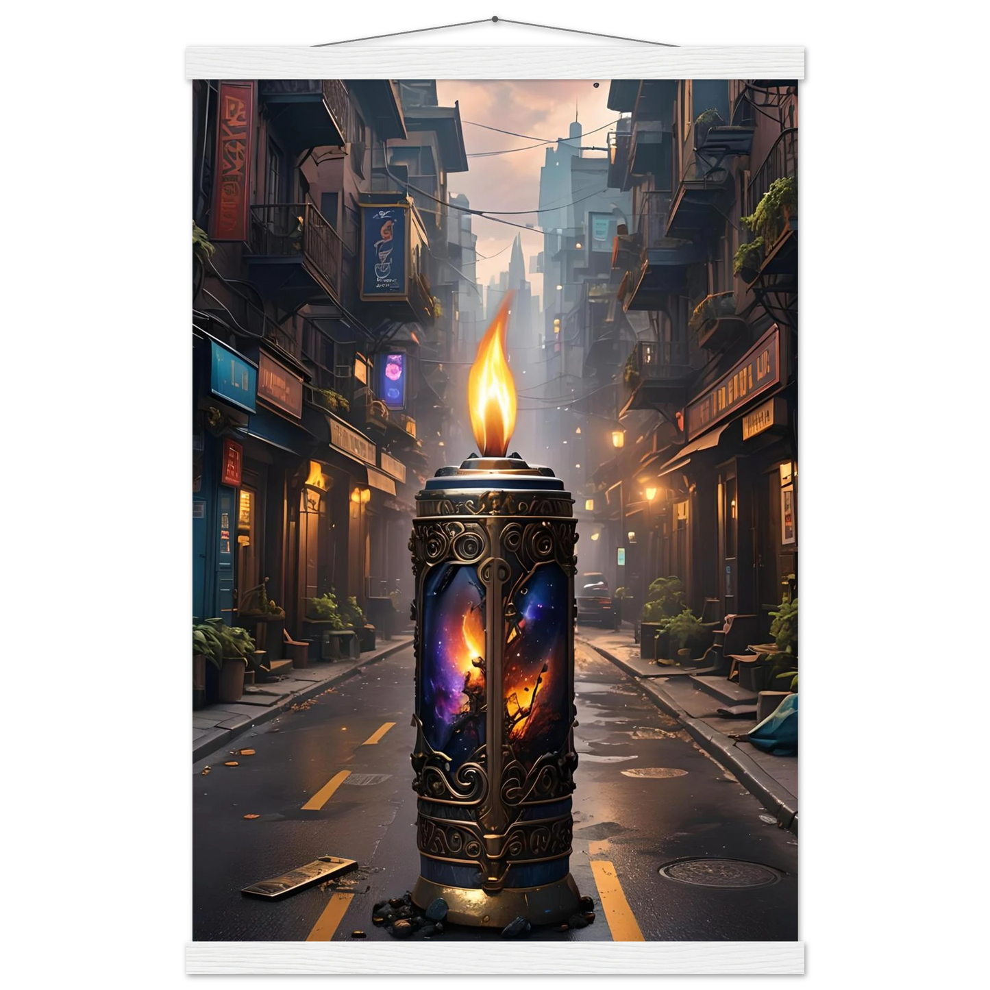 Ornate candle with celestial imagery from Galactic Flame Hanging Matte Poster by PixiOnyx
