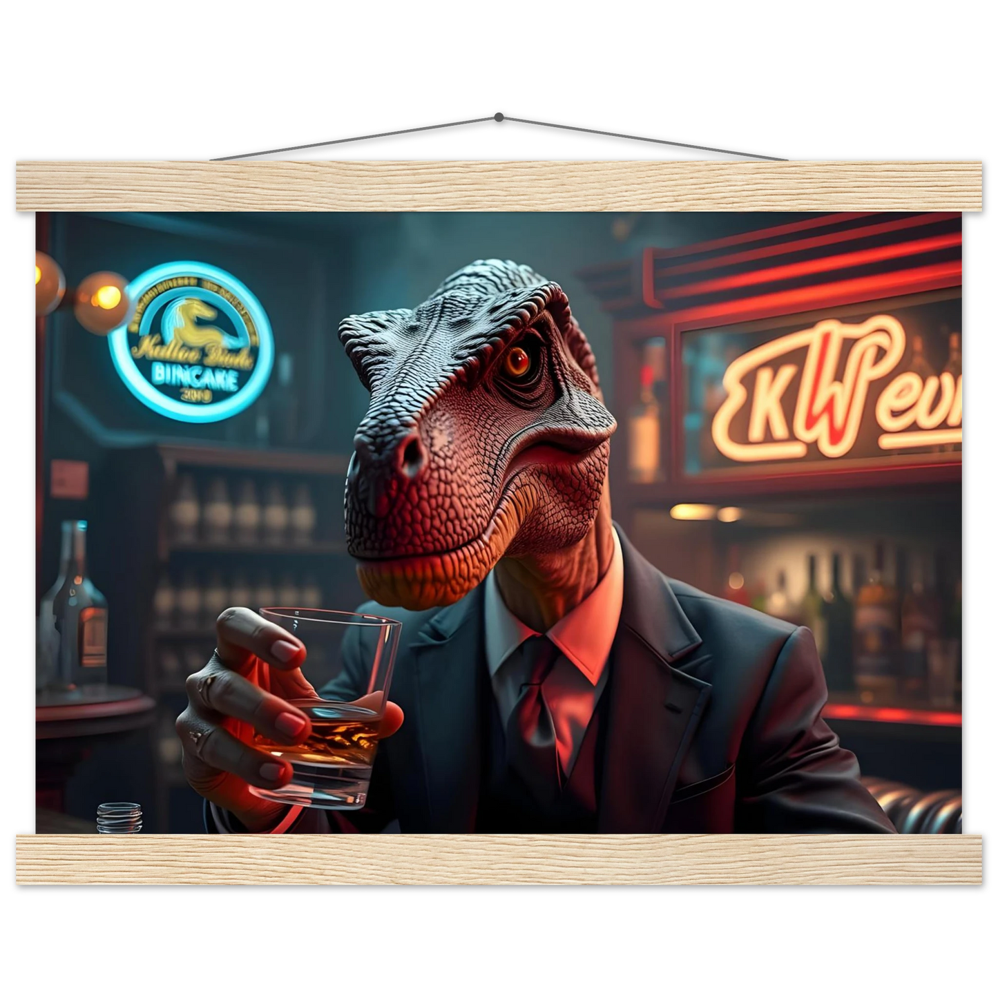 Dinosaur in a suit drinking whiskey on the Whiskey Raptor Hanging Poster by PixiOnyx