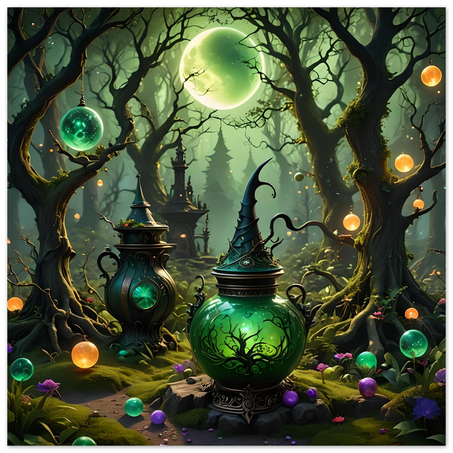 Ornate green potion pot with witch’s hat lid from Witchcraft Forest Fine Art Poster