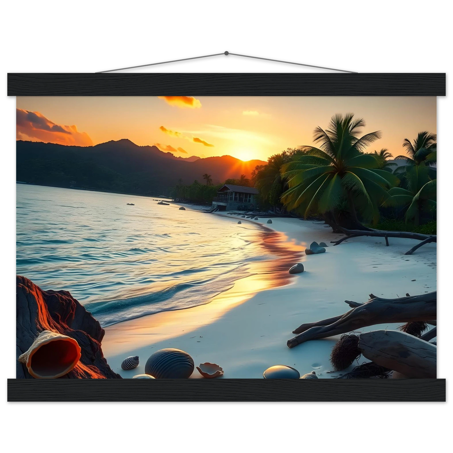 Framed Tropical Beach Sunset Print Wall Decor with Hanger for Elegant Room Accent