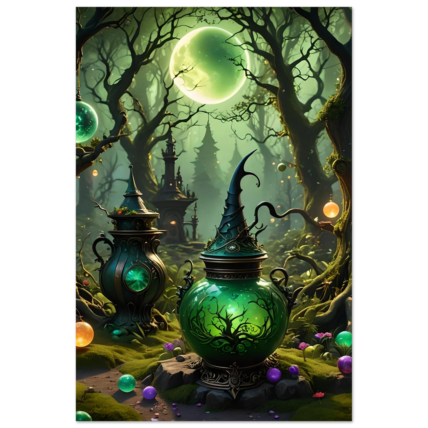 Green magical potion containers displayed on Witchcraft Forest Fine Art Poster PixiOnyx Exclusive