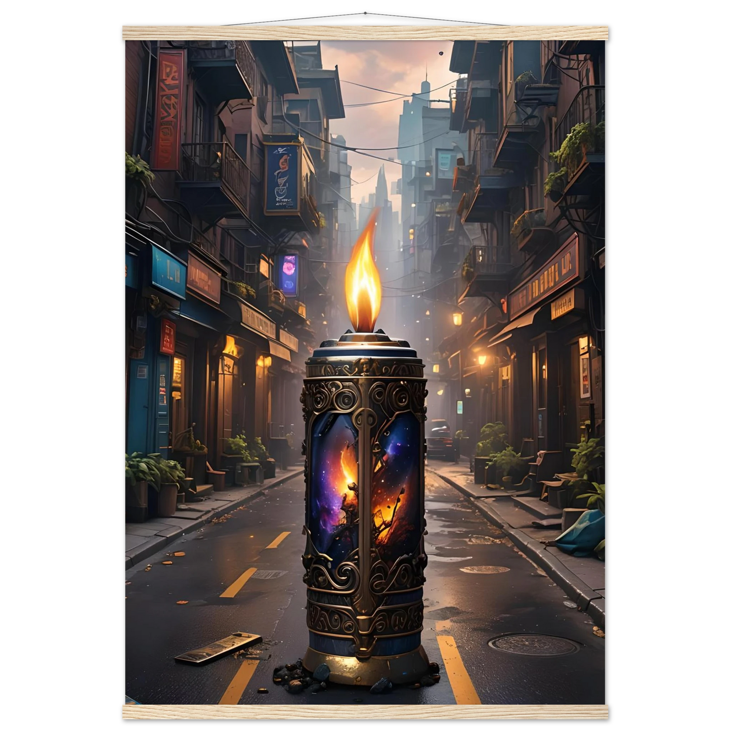 Ornate candle featuring cosmic imagery on Galactic Flame Hanging Matte Poster by PixiOnyx