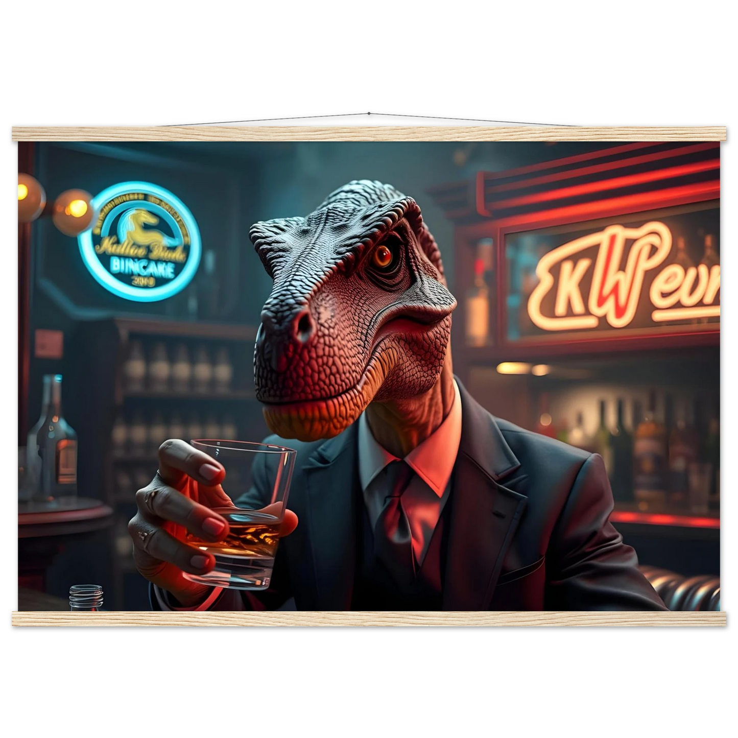 Dapper dinosaur drinking whiskey on PixiOnyx Hanging Poster Whiskey Raptor After Hours