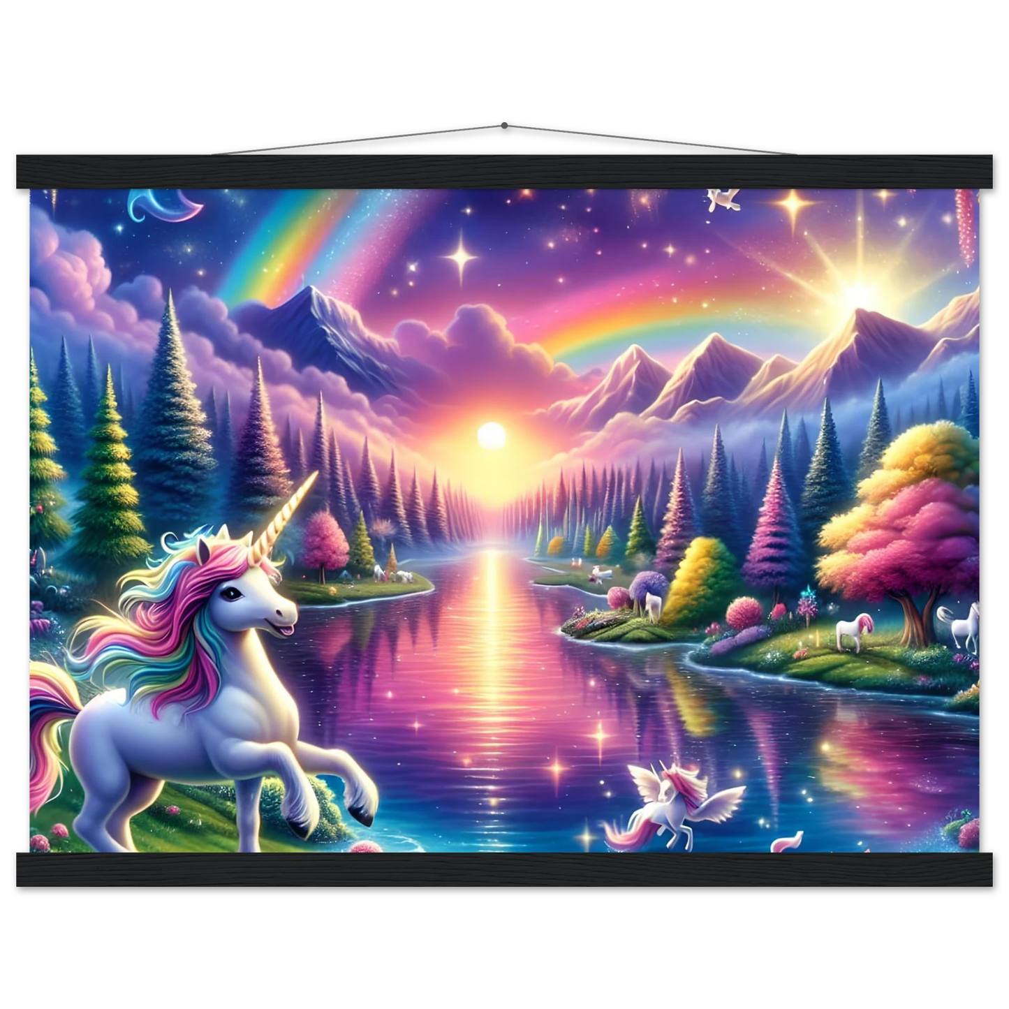 Fantasy unicorn landscape wall art hanging matte poster with magnetic frame PixiOnyx