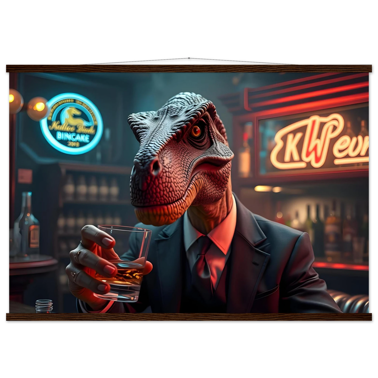 Dinosaur in suit drinking whiskey on PixiOnyx Hanging Poster Whiskey Raptor