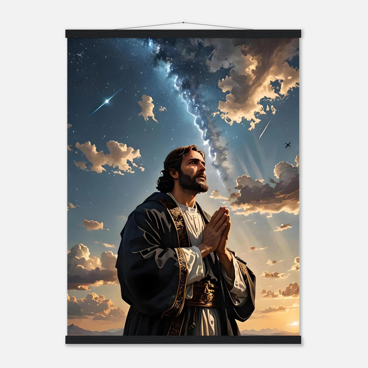 Hanging Religious Tapestry Poster with Hanger featuring Prayer to the Cosmos by PixiOnyx
