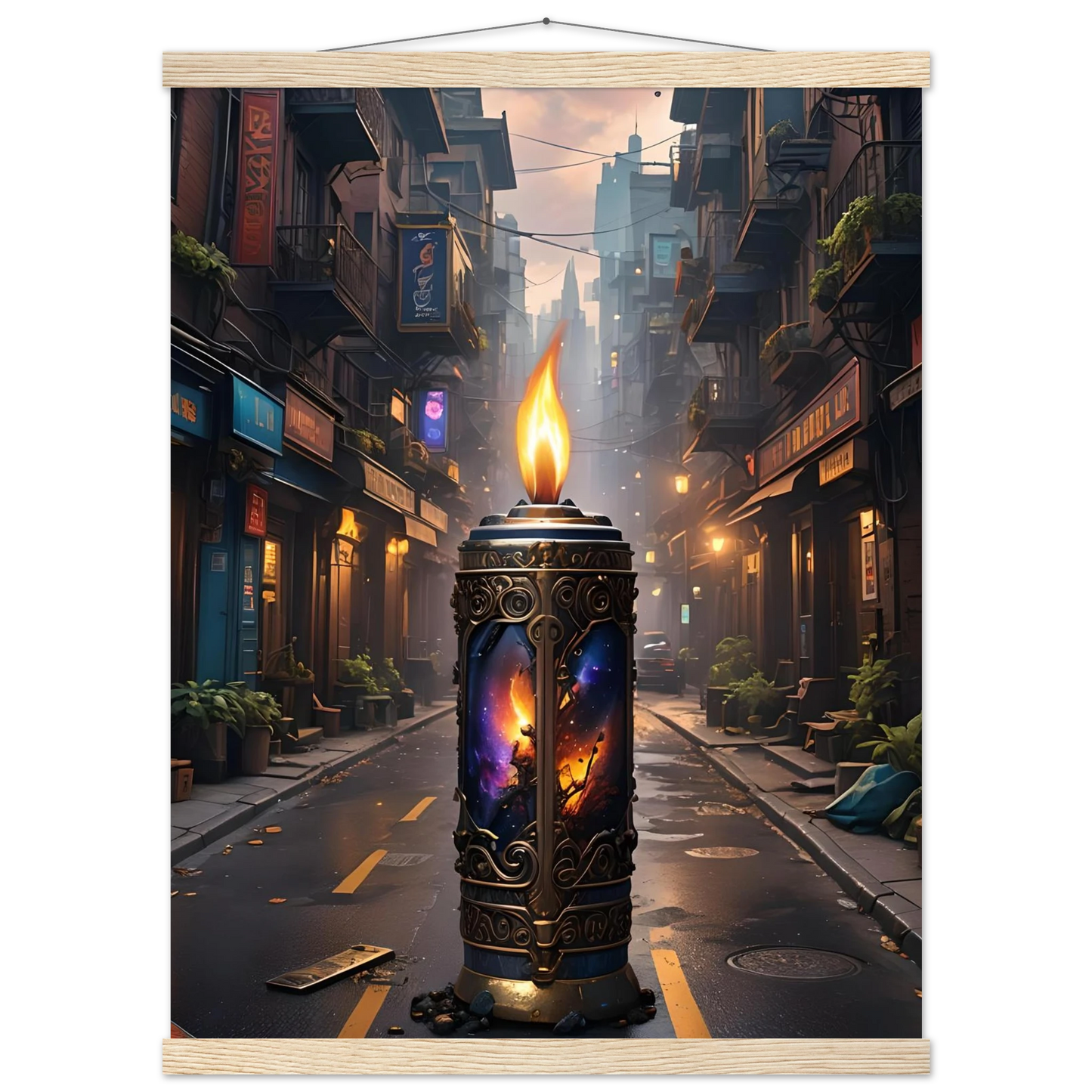 Ornate candle with cosmic imagery for Galactic Flame Hanging Matte Poster from PixiOnyx