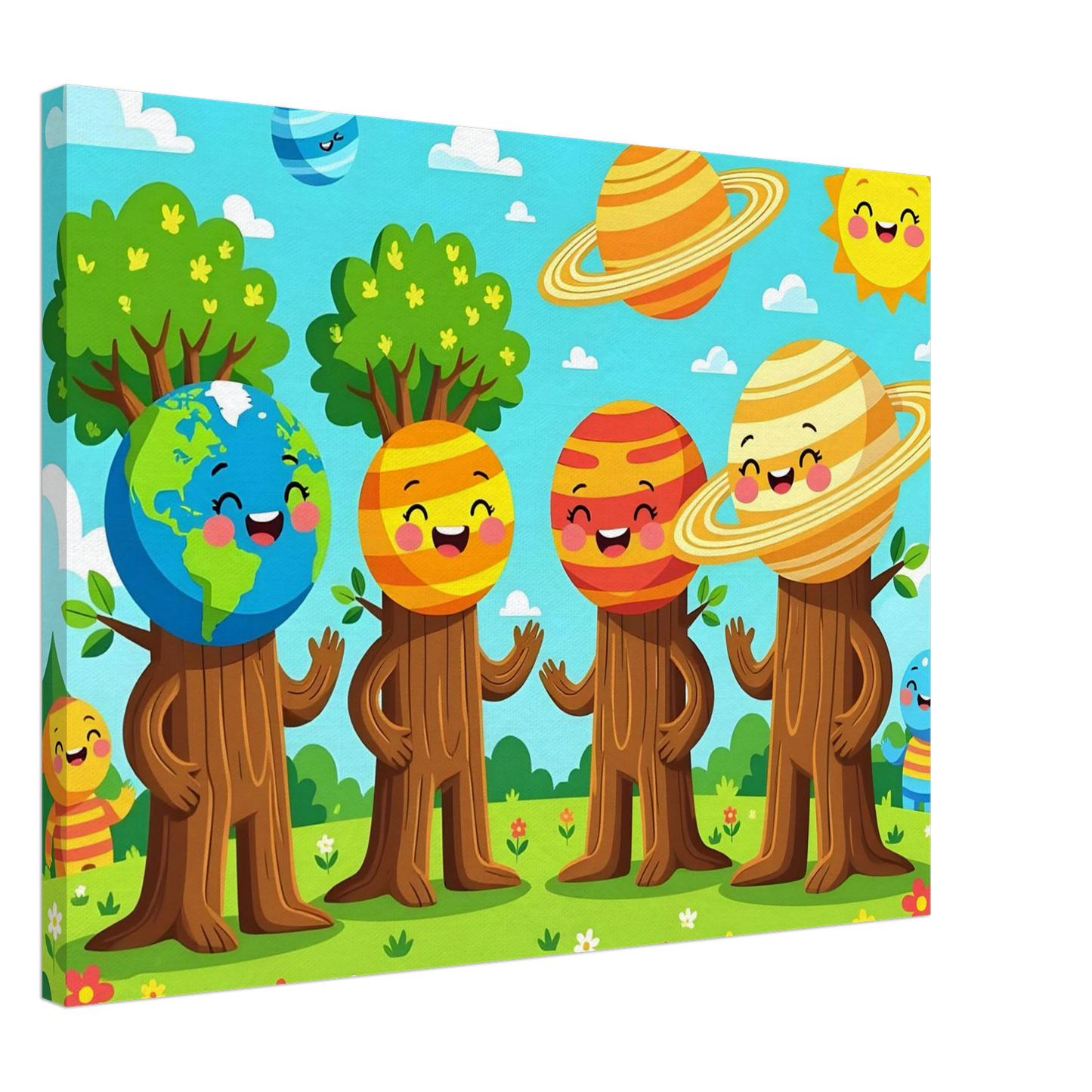 Cartoon planet-tree canvas art from PixiOnyx Stellar Kids Art for cosmic kids room decor