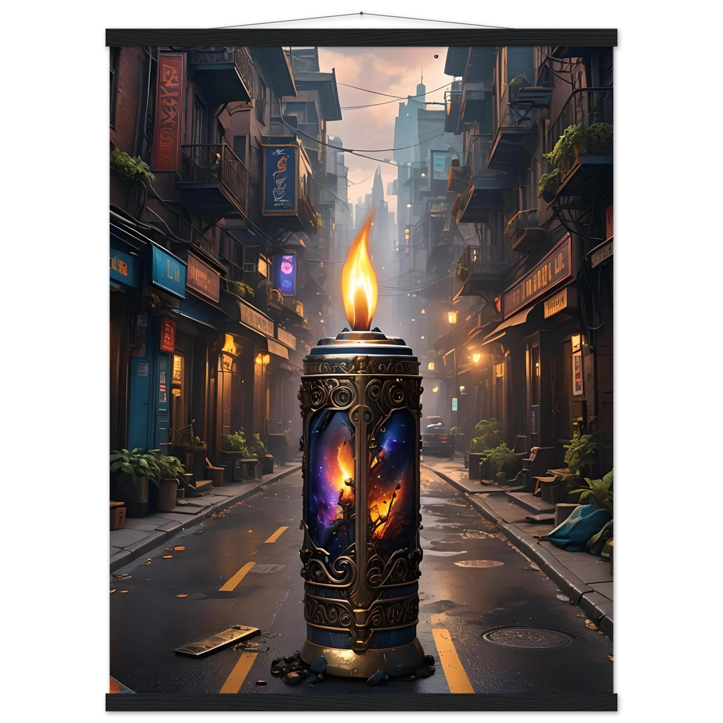 Ornate candle with cosmic imagery in Galactic Flame Hanging Matte Poster PixiOnyx Exclusive