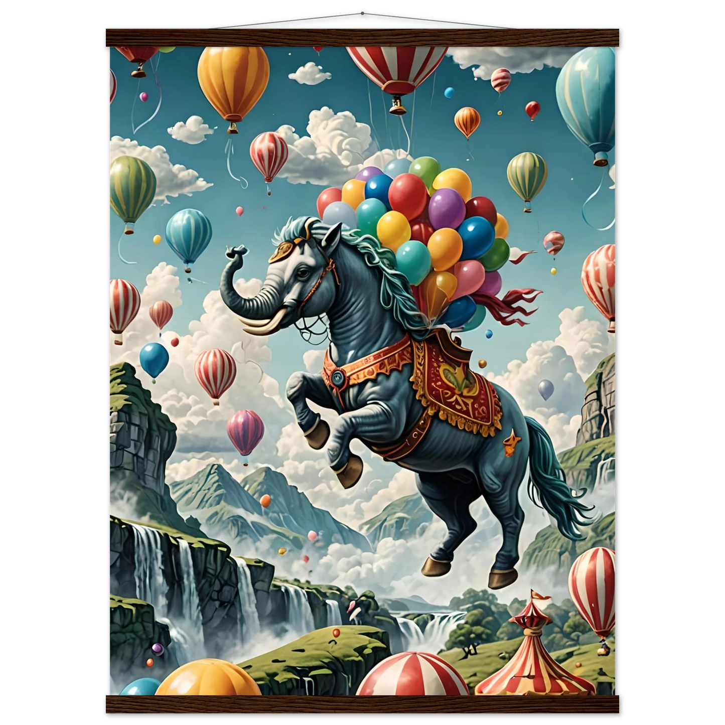 Fantasy elephant-horse hybrid with colorful balloons on Skybound Majesty premium poster