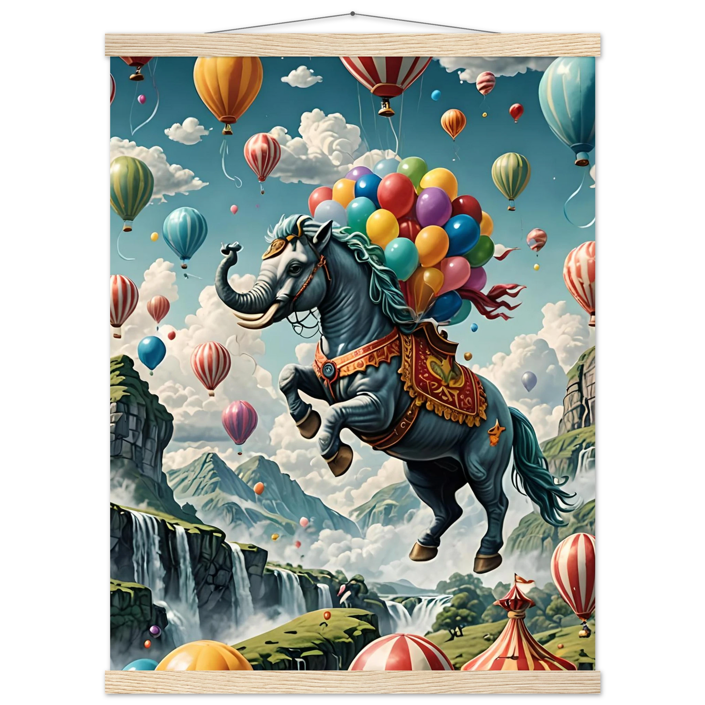 Whimsical elephant-horse hybrid with colorful balloons on Skybound Majesty poster