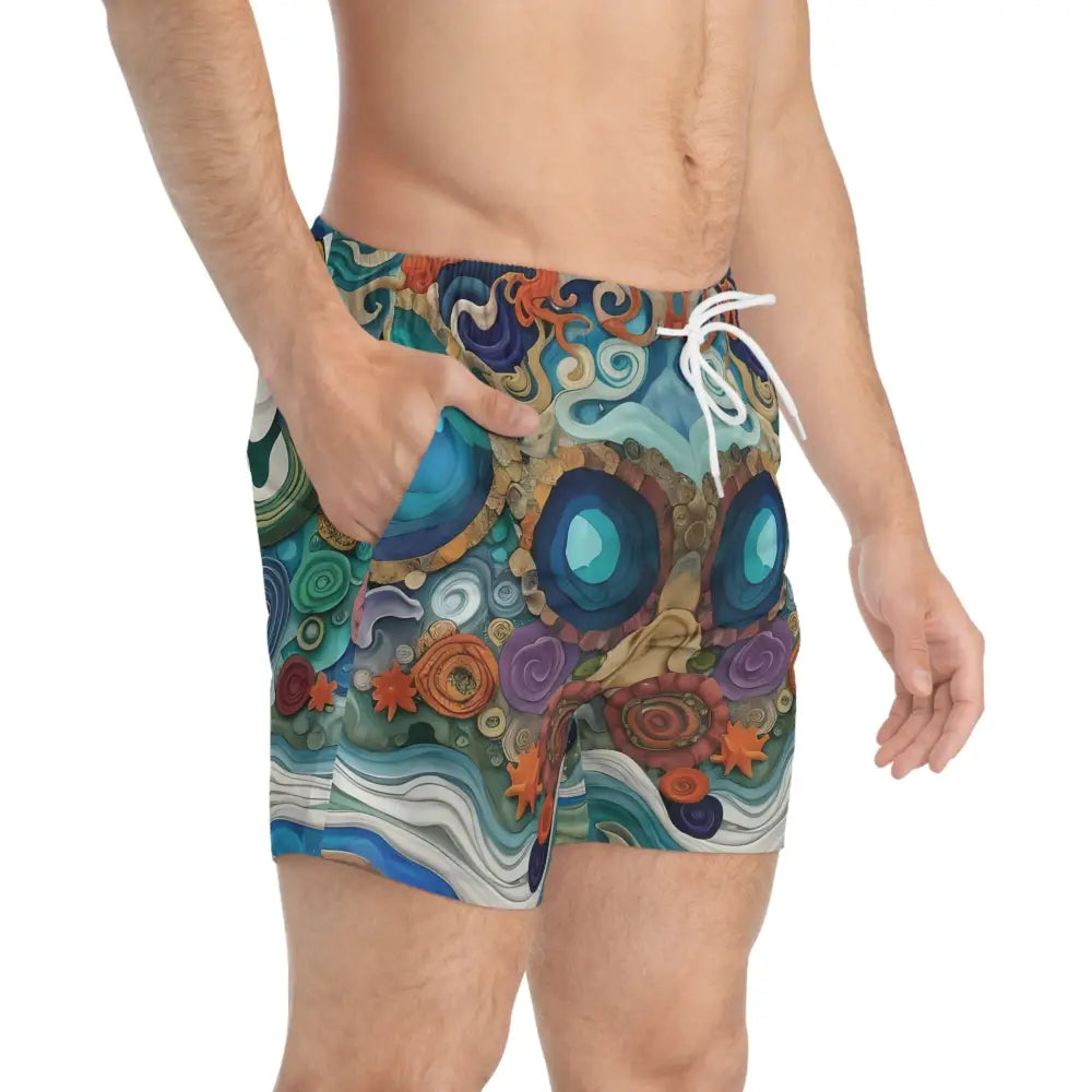 Men’s patterned swim trunks featuring psychedelic abstract ocean design by PixiOnyx Coastal