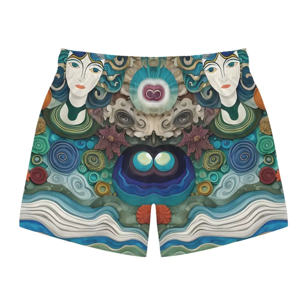 Artistic patterned swim trunks with psychedelic ocean design for men by PixiOnyx Coastal