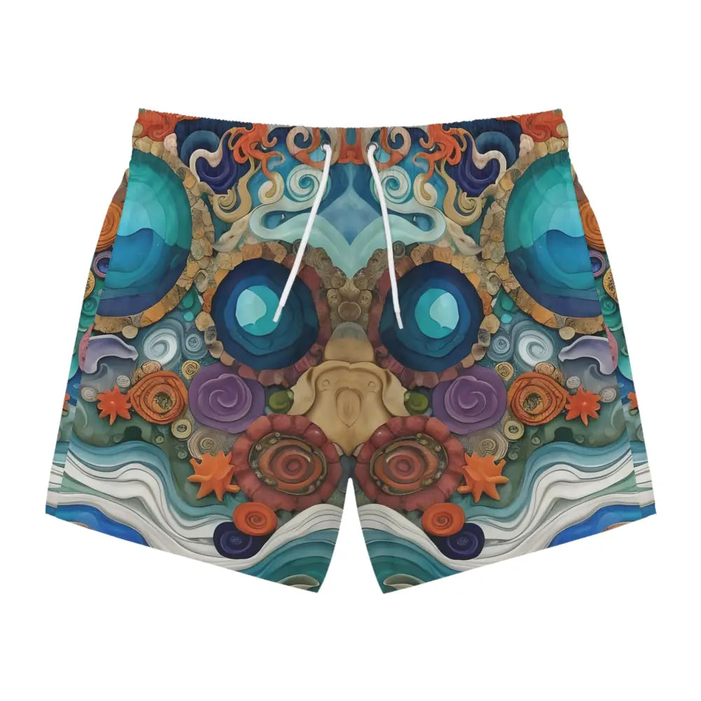 Artistic swim trunks with abstract ocean and psychedelic beach print for men