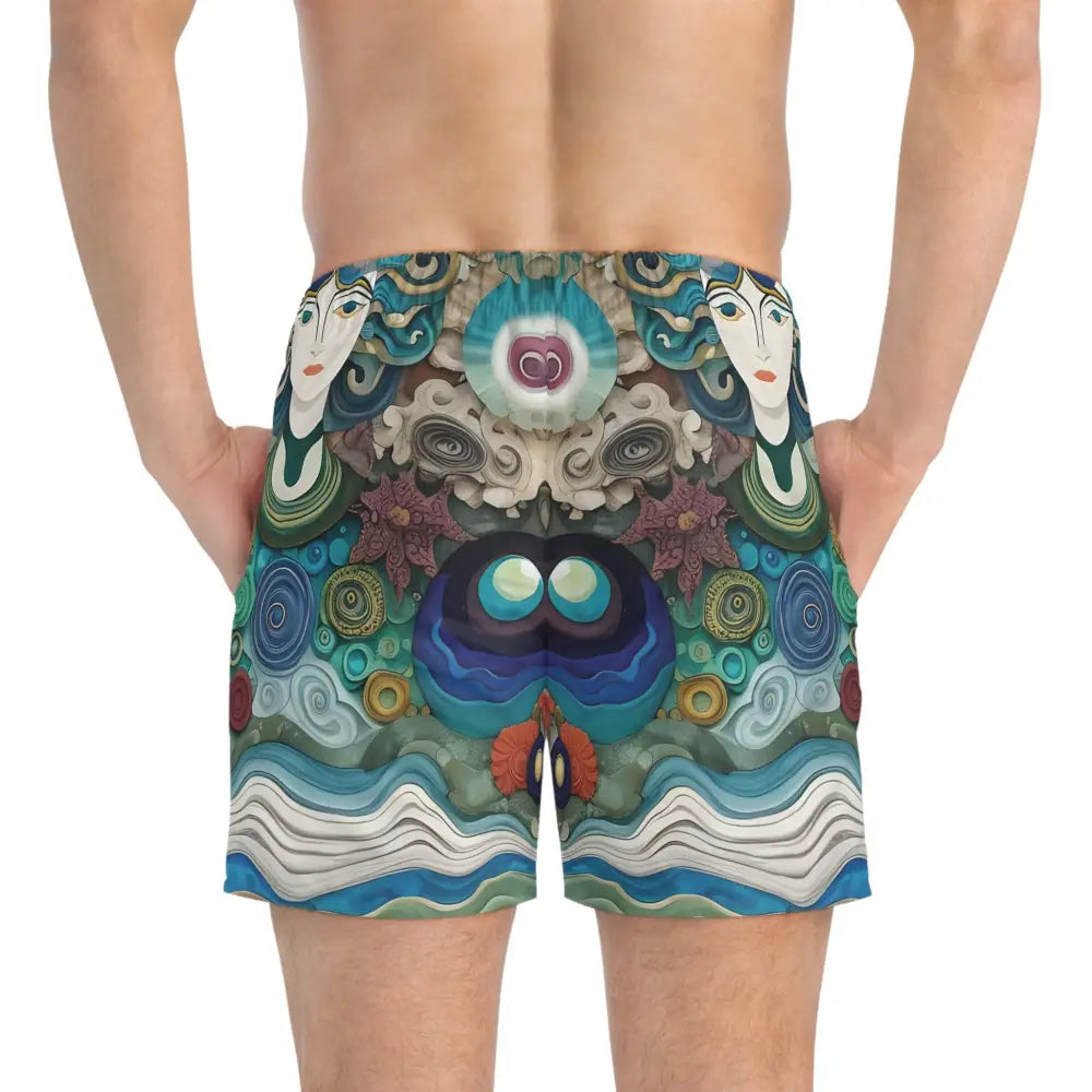 Artistic men’s swim trunks with abstract ocean pattern from PixiOnyx Coastal Summerwear