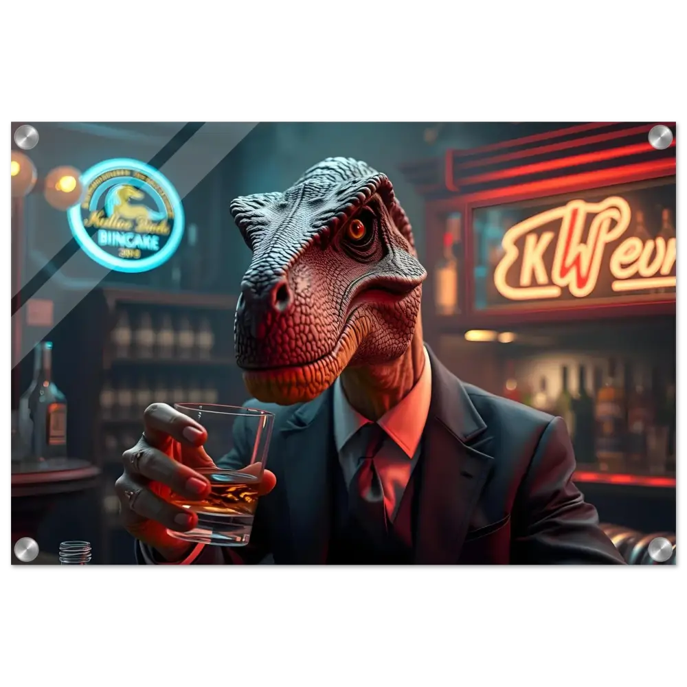 Acrylic art print of a Dinosaur in a suit holding whiskey for Whiskey Raptor After Hours Instincts