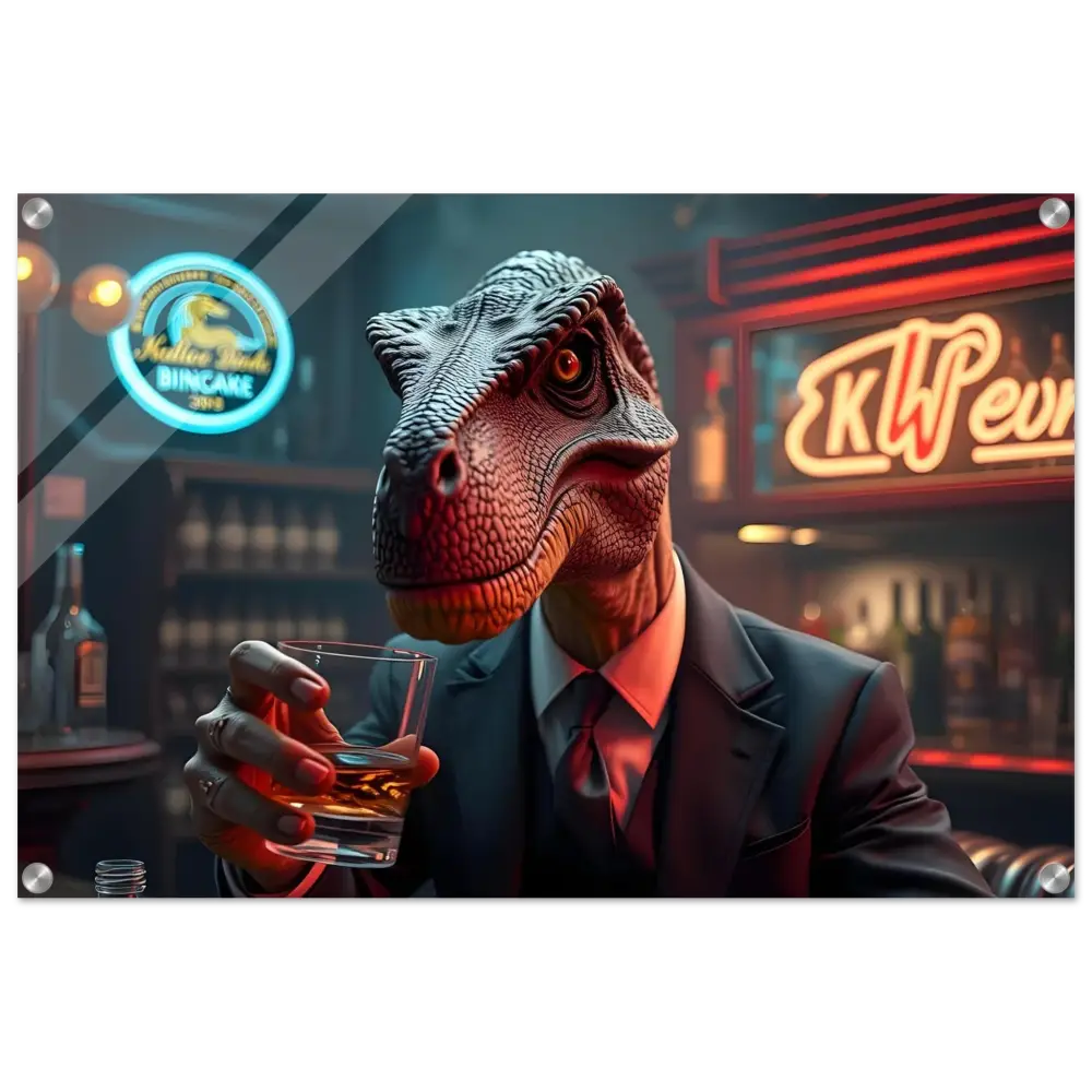 Dinosaur in suit holding drink Acrylic Art Print Whiskey Raptor After Hours Instincts