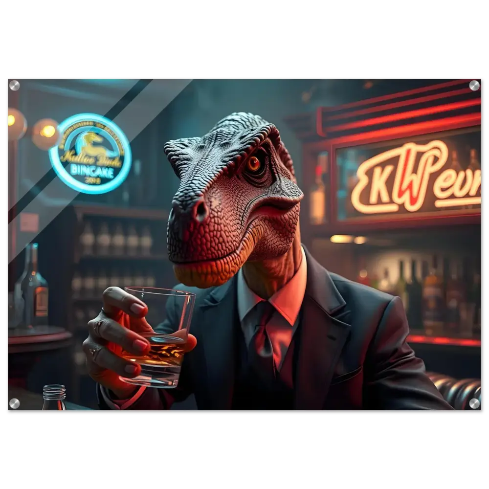 Acrylic art print of a dinosaur in suit drinking whiskey for Wall Piece Whiskey Raptor After Hours