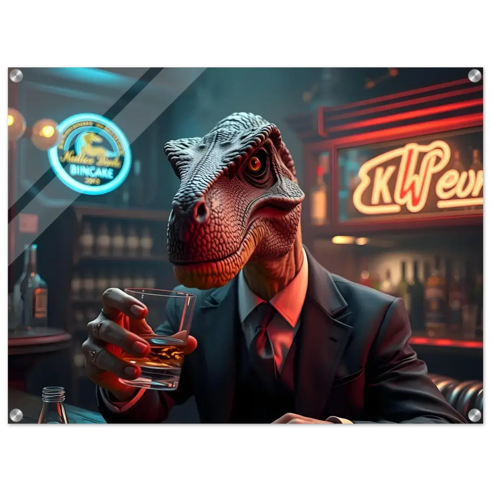 Dinosaur in a suit drinking whiskey acrylic art print PixiOnyx high-gloss wall decor
