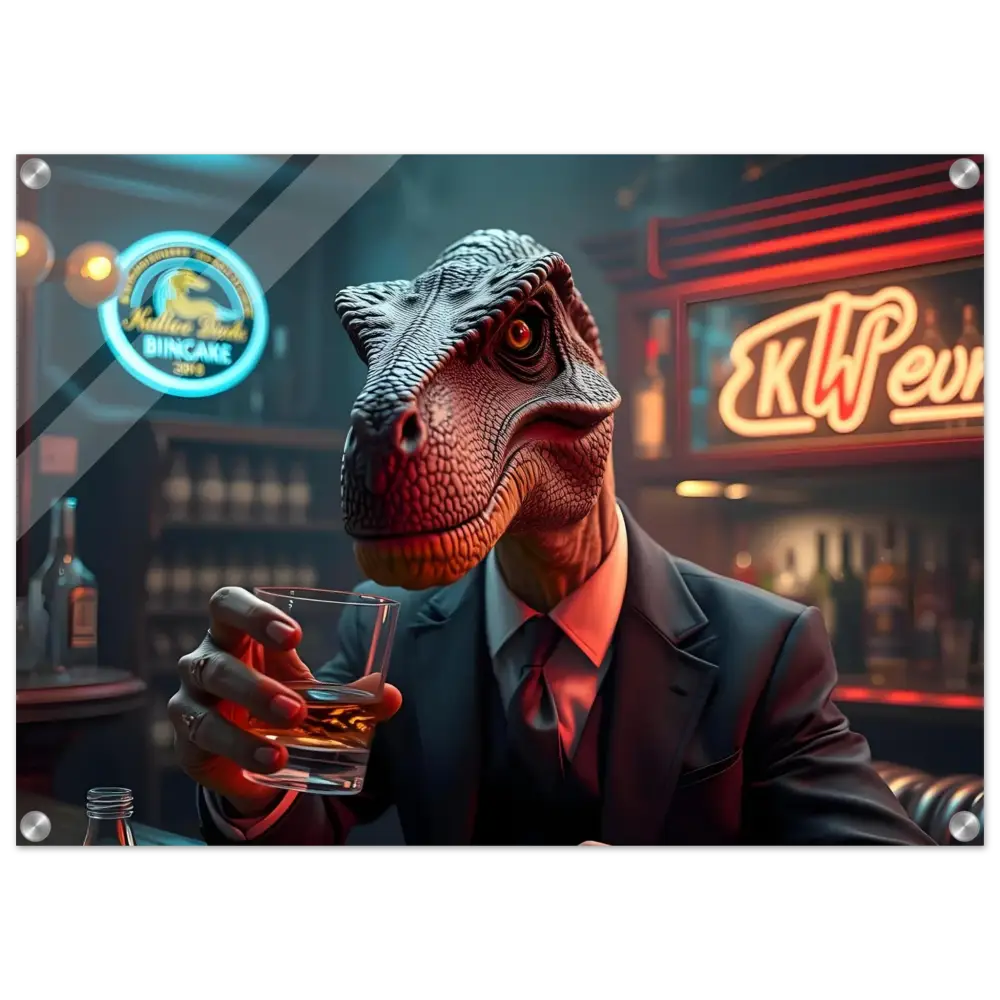 Acrylic art print of a dinosaur in a suit drinking whiskey for PixiOnyx wall decor