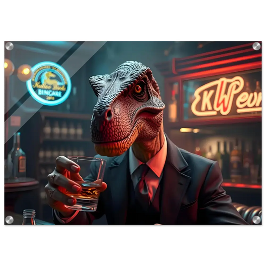 Acrylic art print of a dinosaur in a suit drinking whiskey for PixiOnyx wall decor