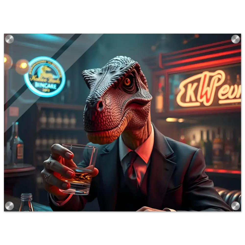 Acrylic Art Print of a Dinosaur in a suit drinking whiskey for PixiOnyx Wall Decor