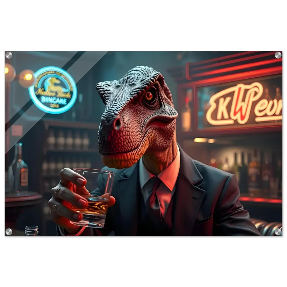 Dapper dinosaur drinking whiskey on high-gloss acrylic art print titled Whiskey Raptor After Hours Instincts